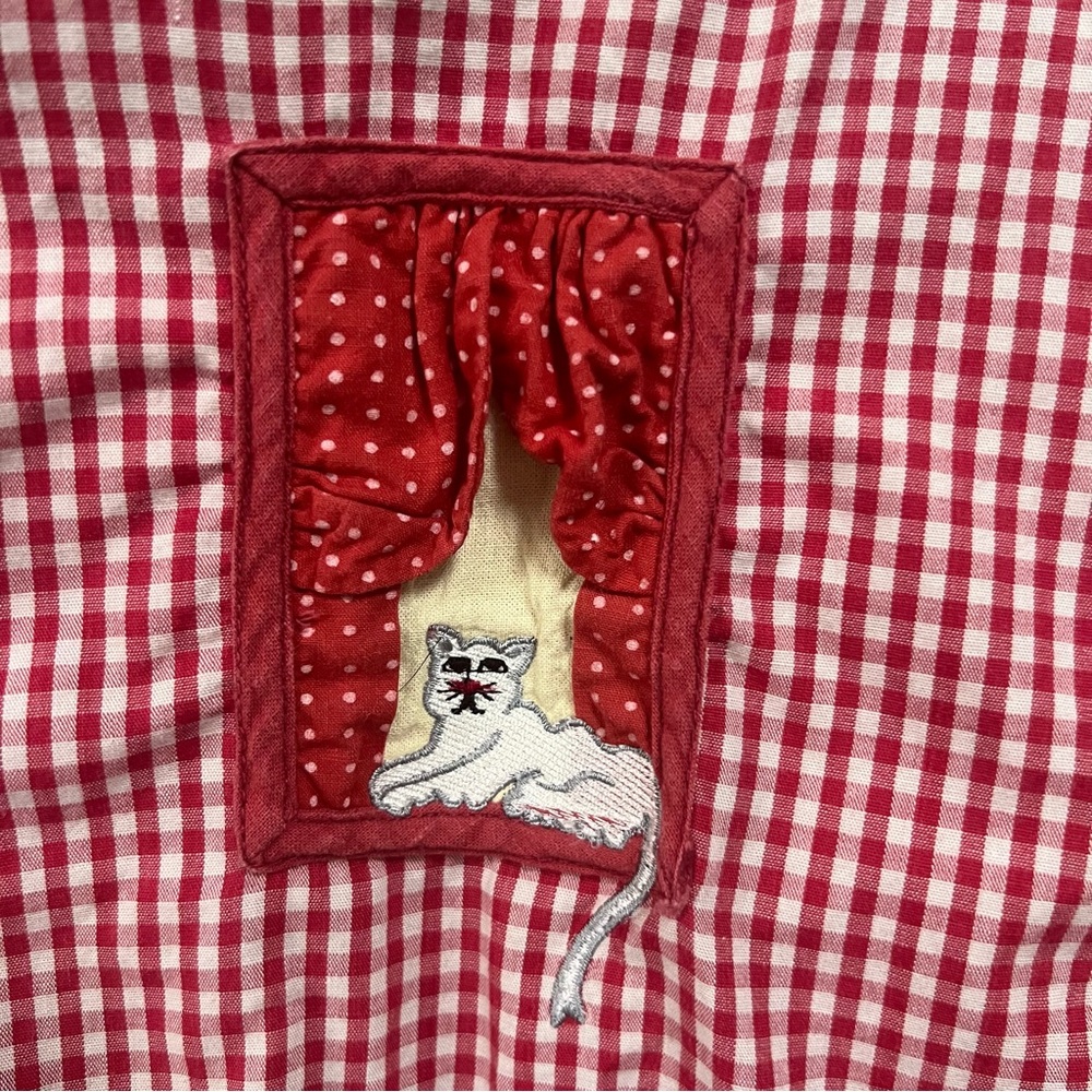 VTG 90s Casey Max Gingham Plaid Embroidered Cat Garden Shirt Red Windows Medium - Picture 2 of 9